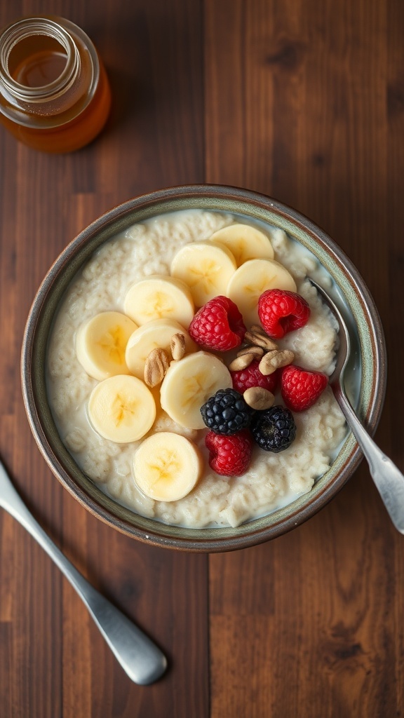 Delicious Oatmeal Recipes A bowl of oatmeal topped with bananas, berries, and nuts on a wooden table.